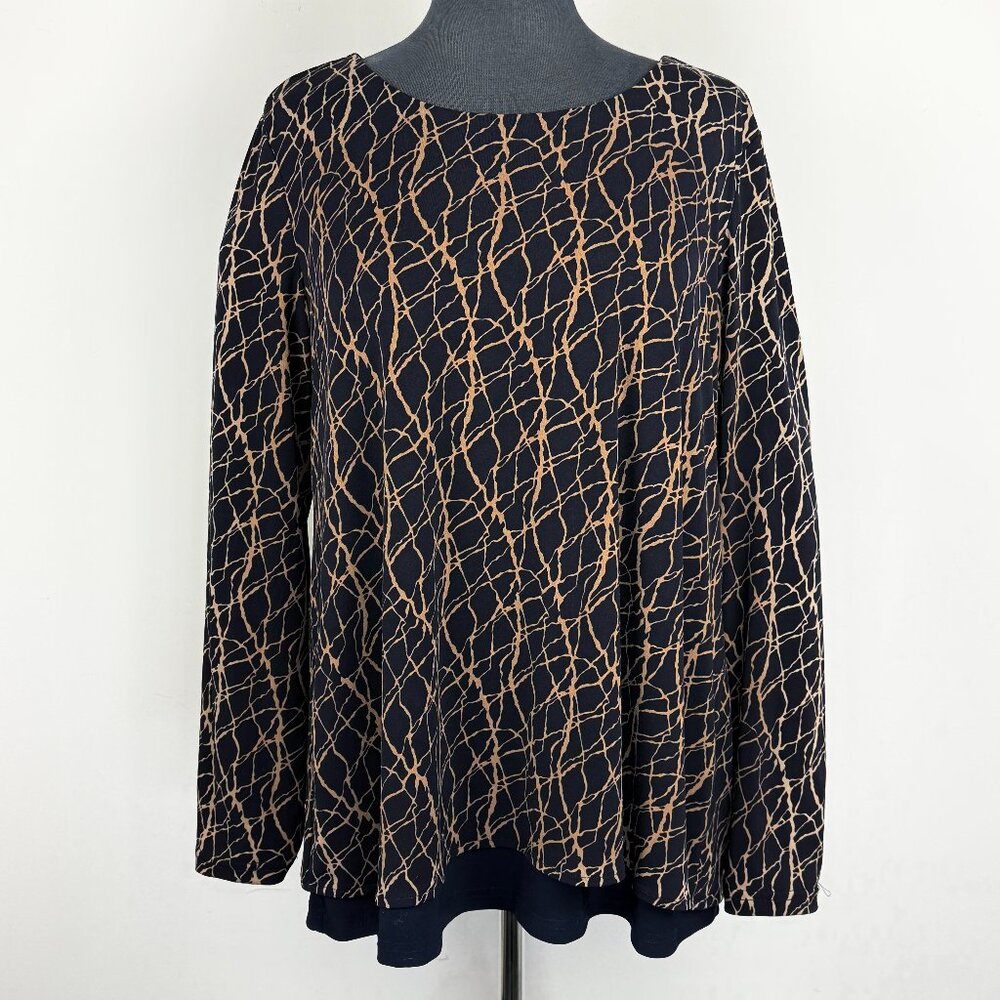 Nina Leonard Women’s Layered Tunic Top L Navy Tan Abstract Print Stepped Hem